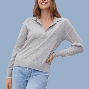 EUC Everlane 100% Cashmere Polo Sweater, Fog Grey/White Stripe Detail, Small